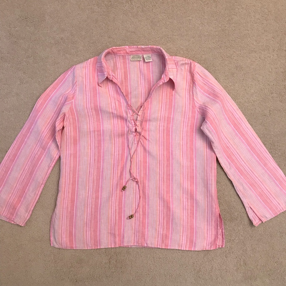 St Johns Bay Linen Blouse Size XL Pink Candy Stripe Relaxed Fit Lace Up Coastal
